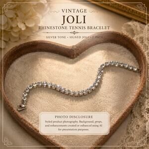 Joli Clear Rhinestone Tennis Bracelet Silver Tone 7” Signed Sparkly